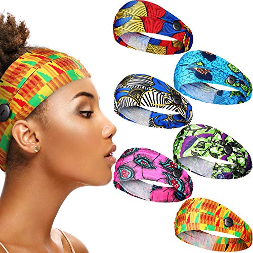 6 Pieces African Headband with Buttons Stretchy Boho Print Headband Yoga Sports Workout Hairband Elastic Twisted Knot Turban Head Wrap for Women Girls Hair Accessories (Chic Pattern)