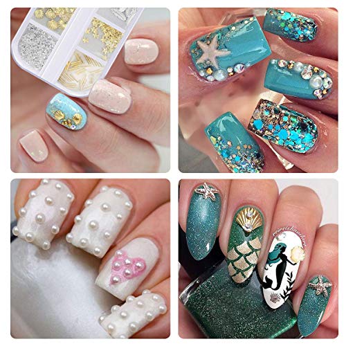 3D Nail Art Decoration, SOFYE Nail Art Jewelry Accessories With 4 Boxes 331 Pcs Nail Dried Flower Ocean Metal Nail Studs Abalone Shell Piece&Illusive Pearls For DIY Nails Design with Pick Up Tweezer