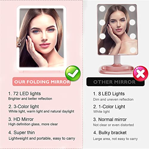 Flymiro Lighted Makeup Mirror With 72 Led Lights,Travel Portable Mirror With 3 Color Lighting And Touch Screen Dimming,1800 Mah Usb Rechargeable,Vanity Tabletop Desk Cosmetic Foldable Mirror #TOP6