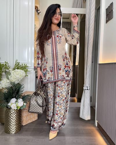 Image of GoSriKi Viscose Printed Straight Kurta with Palazzo for Women | Viscose Cream | Long Sleeve | Round Neck | Ethnic Wear Casual Wear