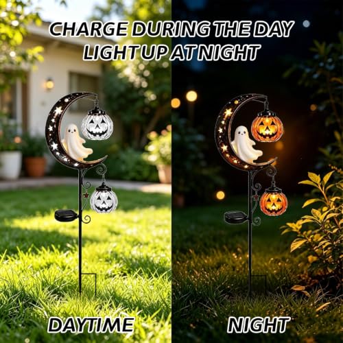 Solar Halloween Black Cat & Pumpkin Moon Garden Stake Light, Metal Crescent Moon & Pumpkin Lantern, Outdoor Waterproof LED Yard Decoration with Crescent Moon, for Patio Lawn Path Yard (D #) - image 3