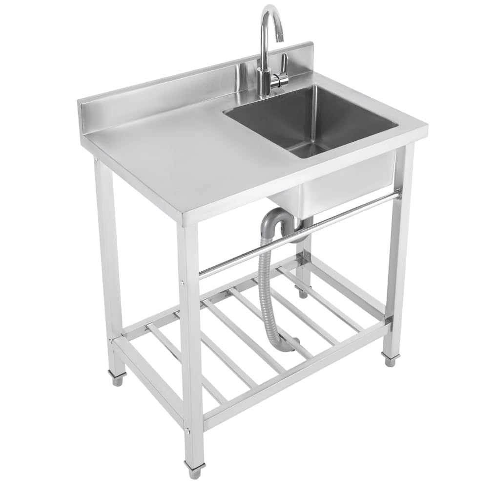 201 Fregadero de cocina independiente de acero inoxidable, fregadero de cocina con encimera y patas ajustables, 80 x 55 x 84 cm, fregadero profundo (35 x 35 x 20 cm) – 1 lavabo para garaje, gastro
