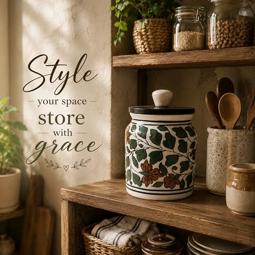 Image of Ceramic Kitchen Jars for Storage | Air Tight Containers with Wooden Lids | Masala, Salt, Pickle, Dry Fruits & Multi Utility Items Organiser Set (Hand-Painted, Green Leaf, 450 ML, Pack of 1)