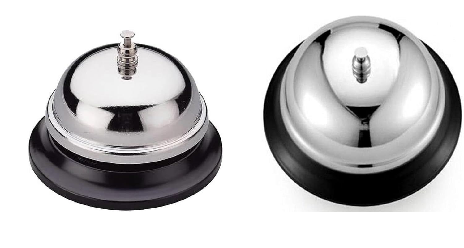 Desk Bell - Call Bell - (Pack of 2 Pieces) for Hotels, Schools, Restaurants, Reception Areas, Hospitals, Warehouses Silver | 3.38 Inch Diameter, Chrome Finish, All-Metal Construction-image-48