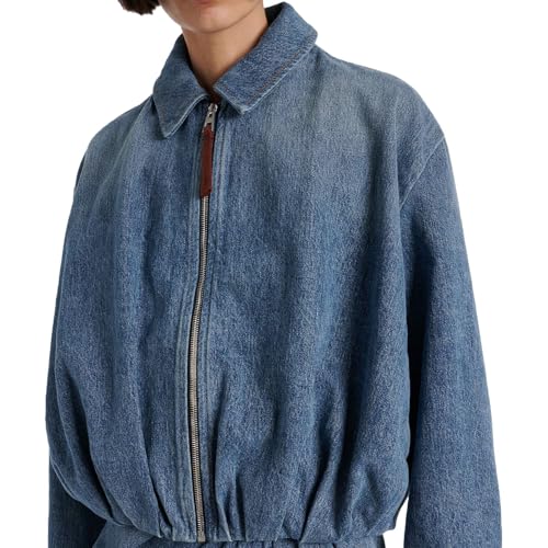 Women's Denim Jacket Draped Loose Fit Zip-Up Collared Casual Bomber Style Coat Lightweight Outerwear3