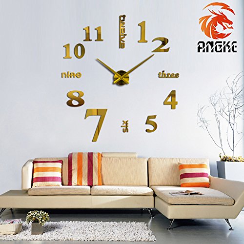 Modern Mute DIY Large Wall Clock 3D Sticker Home Office Decor Black Gift (Gold)