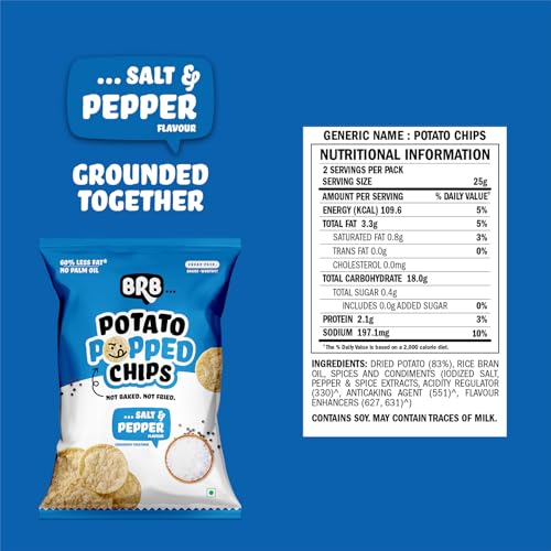 Image of BRB Popped Potato Chips | Salt & Pepper Flavour | Not Fried, Not Baked | 60% Less Oil, Lower Calorie, Healthy Snack | 5 x (48g /51g) Combo Pack (weight may vary)