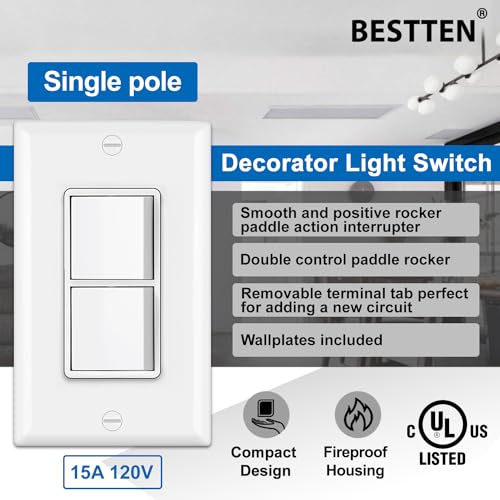 BESTTEN 10 Pack Double Light Switch, Single Pole, Combination Decorator On/Off Interrupters, 15A 120V, Dual Paddle Rockers, Wallplate Included, UL Listed, White by BESTTEN - Image 3