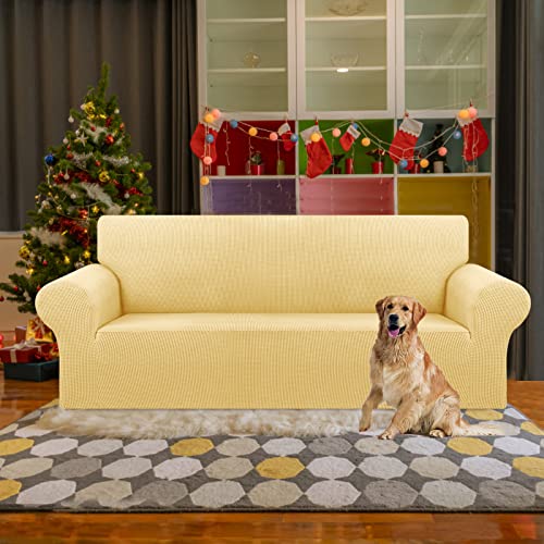 KEKUOU Stretch Sofa Cover Slipcover ,Couch Covers for 3 Cushion Couch Sofa pet Friendly (78"-94") Furniture Protector Sofa with Elastic Bottom for Kids,Dog, Jacquard Small Checked(Large,Champagne)