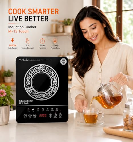 Image of M-13 Touch Induction Cooktop, 2000W, Crystal Glass Surface, 8 Cooking Modes, Timer, Overheat Protection, Portable Electric Stove