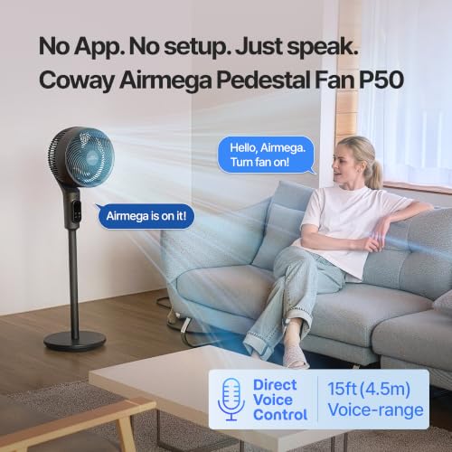 Image of COWAY Airmega P50 Pedestal Fan for Bedroom, Voice Control, 18.5dB Quiet with BLDC Motor, 120+90 Omni-Directional Oscillating, 108ft Airflow, 12 Speeds, Smart Modes, Adjustable Height, Remote, Black