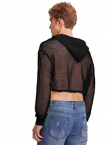 WDIRARA Men's Drawstring Fishnet Mesh Long Sleeve Hoodie Crop Top Pullovers2