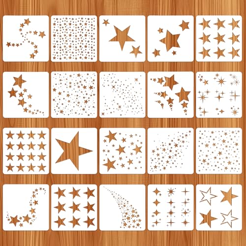 HJZHII 20 Pcs Star Stencils for Painting Reusable DIY Star Stencils Stars Background Craft Stencil Stars Drawing Template for Scrapbook Paper Canvas Fabric Wall Furniture Wood