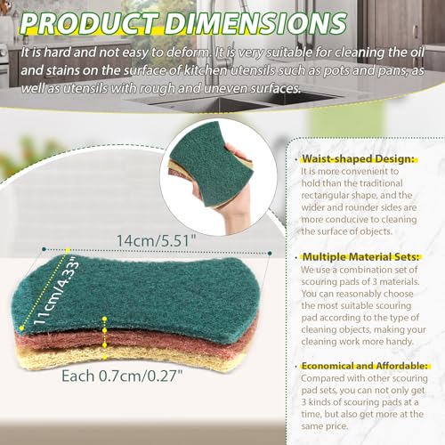 Image of 30-Pack 3 Material Scouring Pads - Heavy Duty, Sisal & Coconut Fiber, Eco-Friendly & Biodegradable, Durable Cleaning Pads for Tough Stains, Pots, Pans & Delicate Surfaces