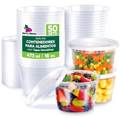 Listado de Contenedores. 41 Berry Bloom 50 Envases para Alimentos Transparentes Reutilizables Deli: Tapas de Sellado Hermético, Ideales para Alimentos Frios y Calientes, Apto para Microondas (16 oz - 473 ml)