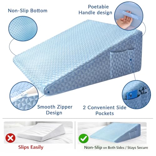 Image of 12 inch Wedge Pillow for Sleeping, Bed Wedge After Surgery, Back Pain Relief, Memory Foam Pillow Triangle Incline Wedge for Back Support, Leg Elevation (Blue)