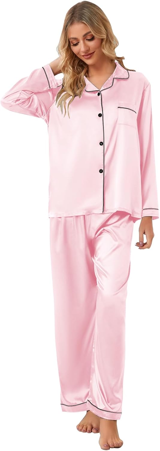 Schbbbta Women Pajamas Set, 2 Piece Satin Silky Pjs Long Sleeve Button-Down Sleepwear Soft Comfy Loungewear - Image 6