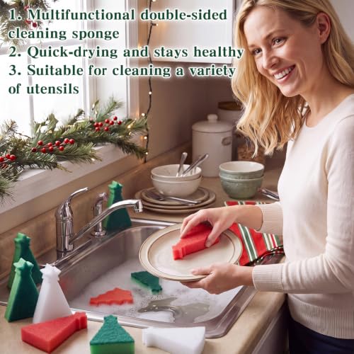 Image of Tioncy 12 Pack Christmas Tree Kitchen Sponges Bulk Red Green and White Dual Sided Scrubber Sponges Dishwashing Kitchen Cleaning Accessories for Household Supplies(4.33 x 2.76 x 0.98 Inches)