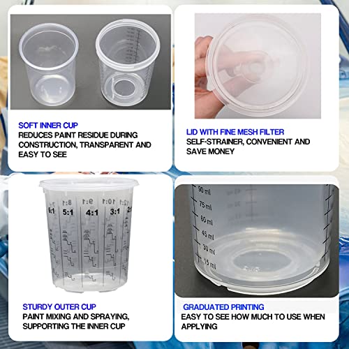 Image of Disposable Paint Spray Gun Cup Liners and Lid System 50 Liners 50 Lids 20 Plugs 1 Hard Cup with Retainer Ring Paint Sprayer Mixing Cup (125 Mic) 27 Ounce (800ml)