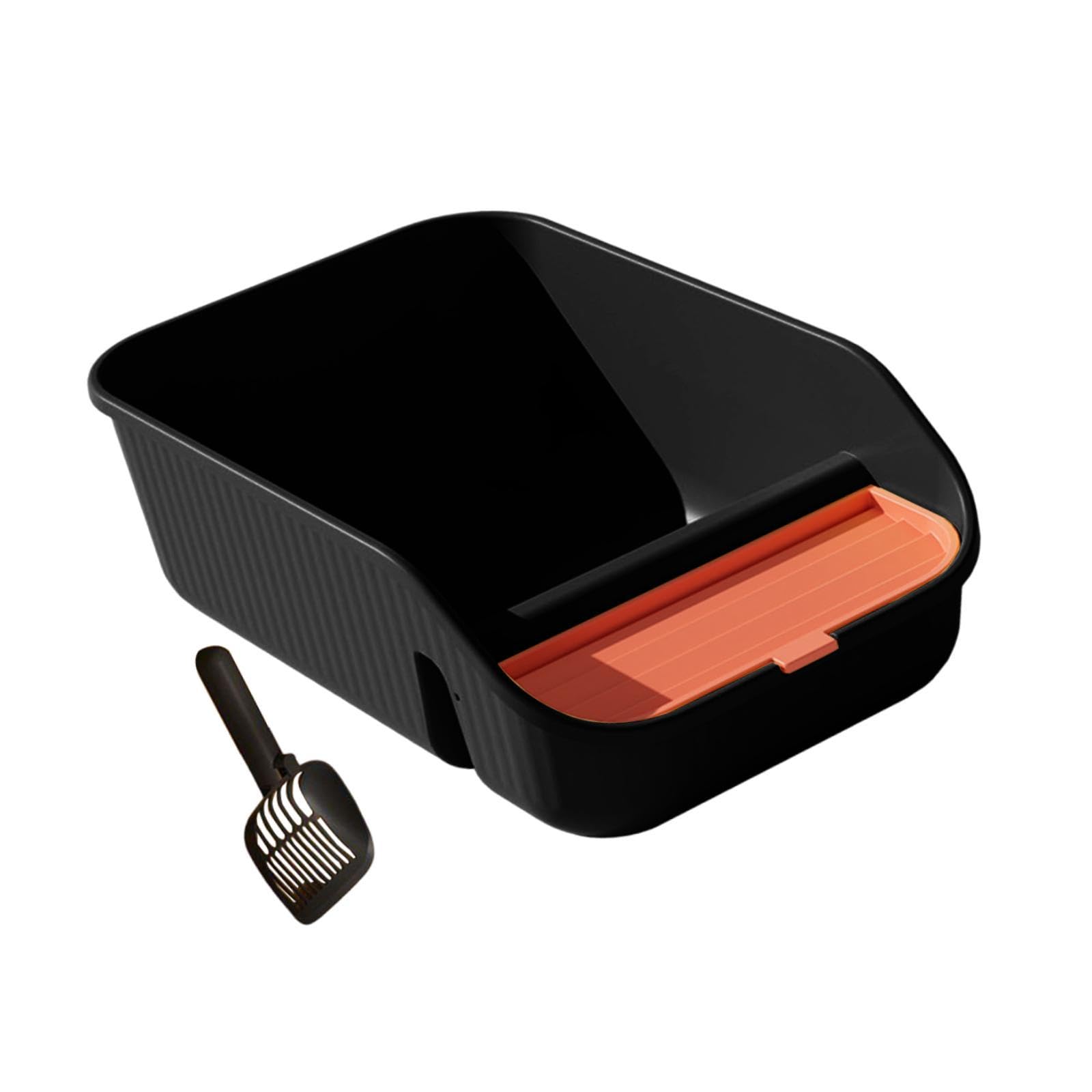 ????? Cat Litter Box for Indoor Cats Open Litter Pan Large Semi Closed with Rim with Scooper with Frame for Kitten Hamsters, Black