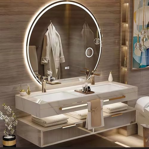 Modern Suspended Vanity with Sink, Wall-Mounted Bathroom Vanity with Quartz Countertop, No Assembly Required, Glass Included | LED Smart Demisting Mirror Cabinet, Sensor Light, Open Storage Shelves