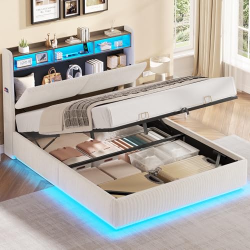 AOGLLATI Cama de almacenamiento hidráulico con iluminación LED y enchufes, cama acolchada con espacio de almacenamiento, cabecero de cama juvenil con somier de listones de madera y función de carga