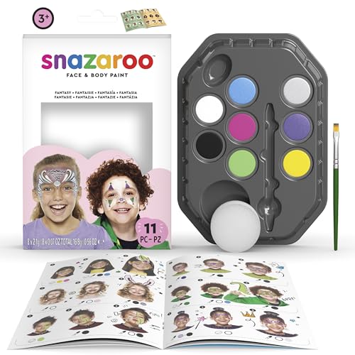 Snazaroo - Conjunto de pintura facial 'Fantasia', para crianças e adultos, 8 cores, 1 pincel, 1 esponja, 1 guia, base de água, maquiagem pinta-caras, aquarela