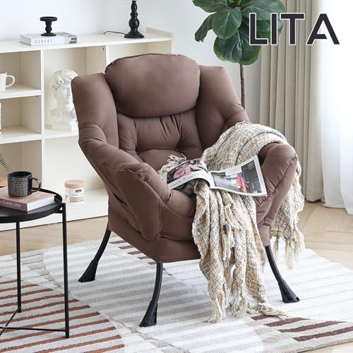 Image of LITA Lazy Chair with Armrests and Side Pocket, Modern Upholstered Accent Reading Chair for Living Room, Bedroom, Dorm, Small Spaces, Single Dark Brown