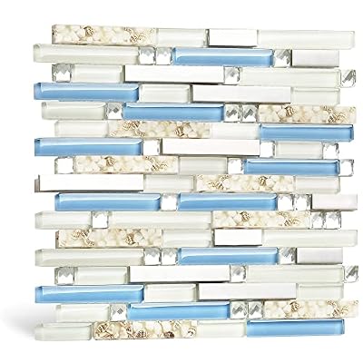 Blujellyfish Beach Style Tile Real Seashell Inside Blue Cream White Brushed Steel Art Mosaic Kitchen Backsplash Bath Decor (Pack of 5 Sheets)