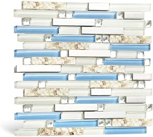 Blujellyfish Beach Style Tile Real Seashell Inside Blue Cream White Brushed Steel Art Mosaic Kitchen Backsplash Bath Decor (Pack of 5 Sheets)