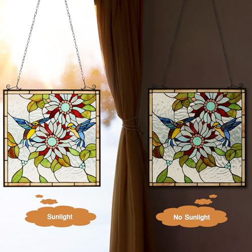 Capulina Sunflower and Birds Stained Glass Window Panels Tiffany Style Traditional Art Handicrafts Window Hangings for Home Window Decor Gifts