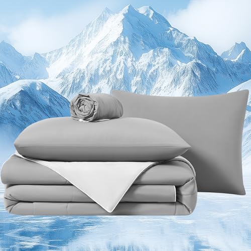 Quataly Cooling Comforter Set with Sheets&Pillowcases,Cooling Blanket for Hot Sleeper Cold ice Double Side Grey Bed Set Queen Size 4pcs(Comforter+Fitted Sheets+2Pillowcases)