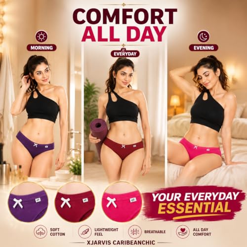 Image of XJARVIS CARIBEANCHIC Women's Hipster Panty, Combed Cotton Stretch Underwear, Full Coverage Bikini Brief, Soft Breathable Everyday Innerwear