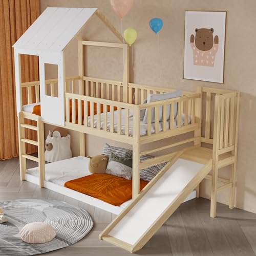 Su & Chan Legence Bunk Bed with Slide Wooden Cabin Bed with Under-Bed Storage Space Kids Bed with Slats and Guardrail Beautiful Roof and Windows No Mattress 90 x 190cm White and Natural