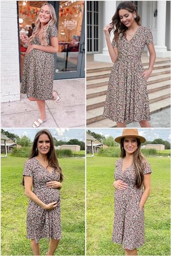 Image of OUGES Maternity Nursing Dress Breastfeeding Short Sleeve V Neck Casual Pregnancy Clothes with Pockets