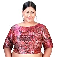 Studio Shringaar Women`s Plus Size Polyester Elbow Length Sleeves Abstract Print Saree Blouse (Pink, 44)