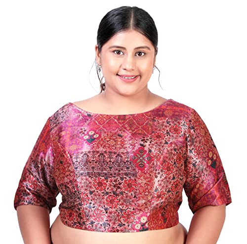 Image of Studio Shringaar Women`s Plus Size Polyester Elbow Length Sleeves Abstract Print Saree Blouse (Pink, 48)