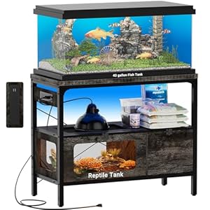 40 Gallon Fish Tank Stand with Outlet & LED Light, 39.37‘’ Aquarium Stand with Reptile Tank, Tortoise Habitat with Anti Escape Door and Acrylic Glass, Snake Tank with Ventilation Mesh, Oak
