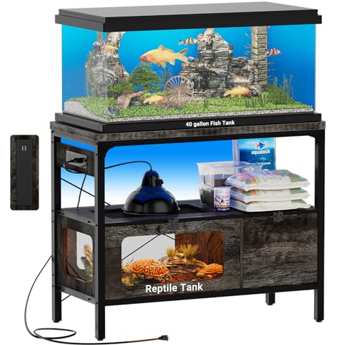 Hyomdeck 40 Gallon Fish Tank Stand with Outlet & LED Light, 39.37‘’ Aquarium Stand with Reptile Tank, Tortoise Habitat with Anti Escape Door and Acrylic Glass, Snake Tank with Ventilation Mesh, Oak