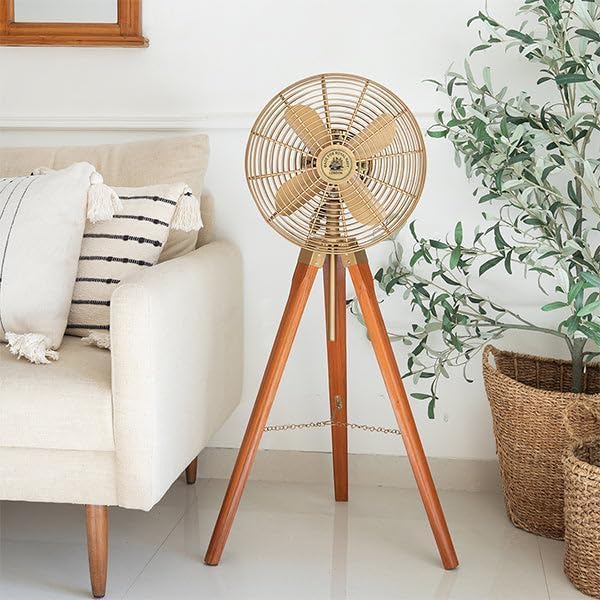 ROYAL CRAFT Handmade Brass Antique Electric Floor Fan with Wooden Tripod Stand – Vintage Industrial Pedestal Fan – Retro Designer Cooling Fan for Living Room, Office, Studio & Home Decor image 5