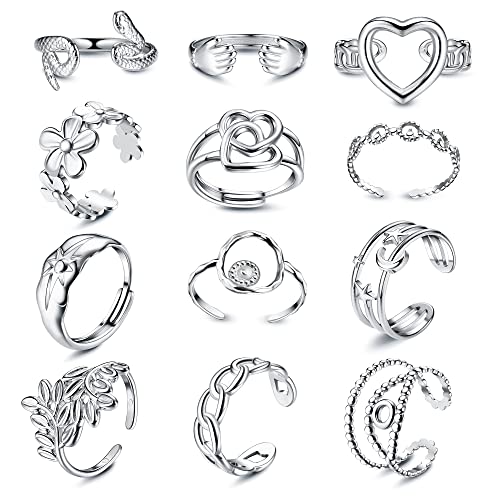JeryWe Juego de 12 Anillos de Acero Inoxidable Para Mujeres - Plata Joyería Estética Apilables de Moda Para Dedo Pulgar - Talla 6-9 Indie Abierto Ajustable (Estilo3)