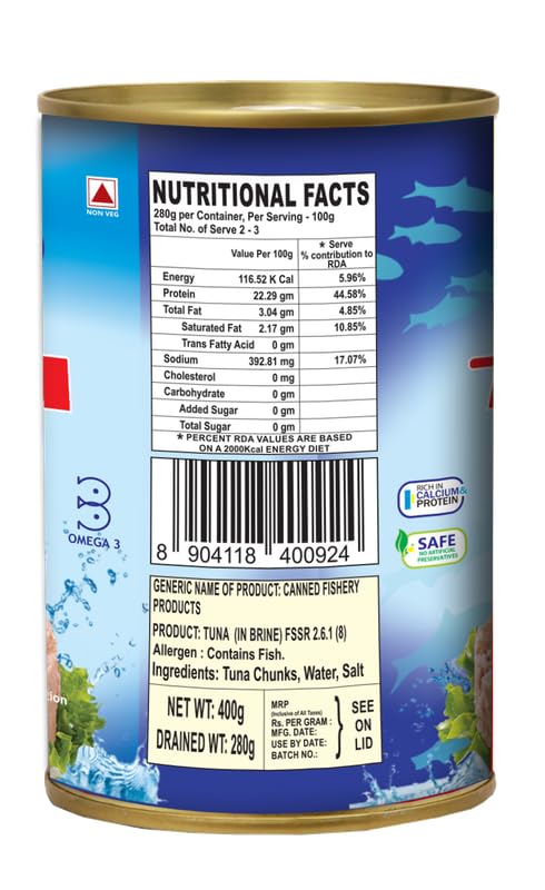 Image of Oceans Secret Tuna Chunks in Brine 400gm Pack of 1 Canned Tuna Fish Balanced Nutrition, Light Taste, in Clean Brine, Premium Cuts Ready to Eat