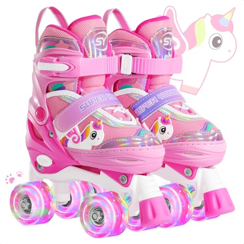 SUPER YOUNGSTER Adjustable Light Up Kids Unicorn Roller Skates for...