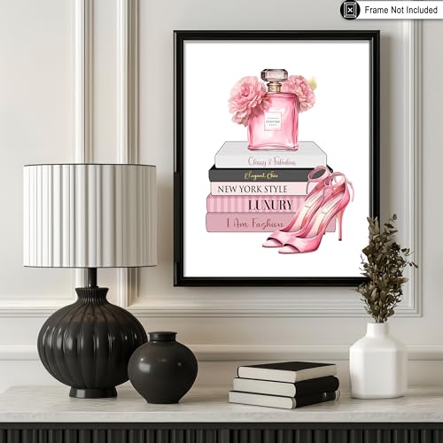Image of Poster Master Fashion Print - Pink Designer Poster - Shoes & Perfume Art - Chic Gift for Her & Fashionista - Luxury Haute Couture Decor for Bedroom or Girl's Room - 16x20 UNFRAMED Wall Art