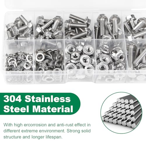 Image of M6-1.0 x 12 /16 /20 /25 /30mm Flanged Hex Head Bolts, 240 Pcs M6 Flange Hexagon Screws Serrated Flange Nuts, Washers & Lock Spring Washers, 304 Stainless Steel Bolts and Nuts Kit