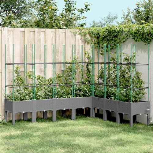 Jardinière surélevée pour jardin, parterre de fleurs, stable, avec treillis, gris clair, 200 x 160 x 142,5 cm, polypropylène, pour terrasse, jardinage, jardin d'hiver, montage facile
