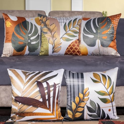 Image of Decorative Satin Sofa Cushion Covers Set of 5, 16 x 16 Inches, Multicolor Floral Printed Pillow Covers for Living Room, Bedroom, Couch & Sofa, Soft Glossy Fabric, Zipper Closure