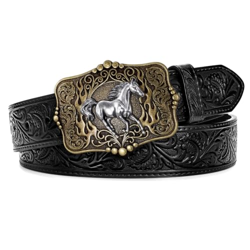 Image of Cowboy Cowgirl Belt Western Belts for Men Women Floral Engraved Longhorn Bull Buckle Belt for Jeans