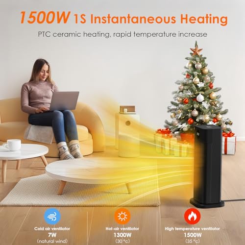 Minthouz Space Heater - 1500W PTC Ceramic Tower Heaters for Indoor Use with Adjustable Thermostat, Timer and Remote Control, Quick 1s Heat-up 70° Oscillation Electric Heater for Office, Bedroom, Room - image 2