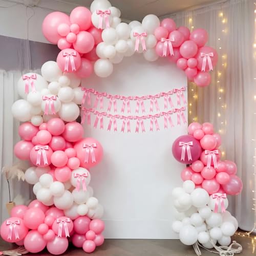 Image of 2 Pcs Pink Bow Garland Banner, Pre-Strung Pink Satin Ribbon Bow Garland Coquette Birthday Decorations for Classroom Decor Wedding Birthday Baby Shower